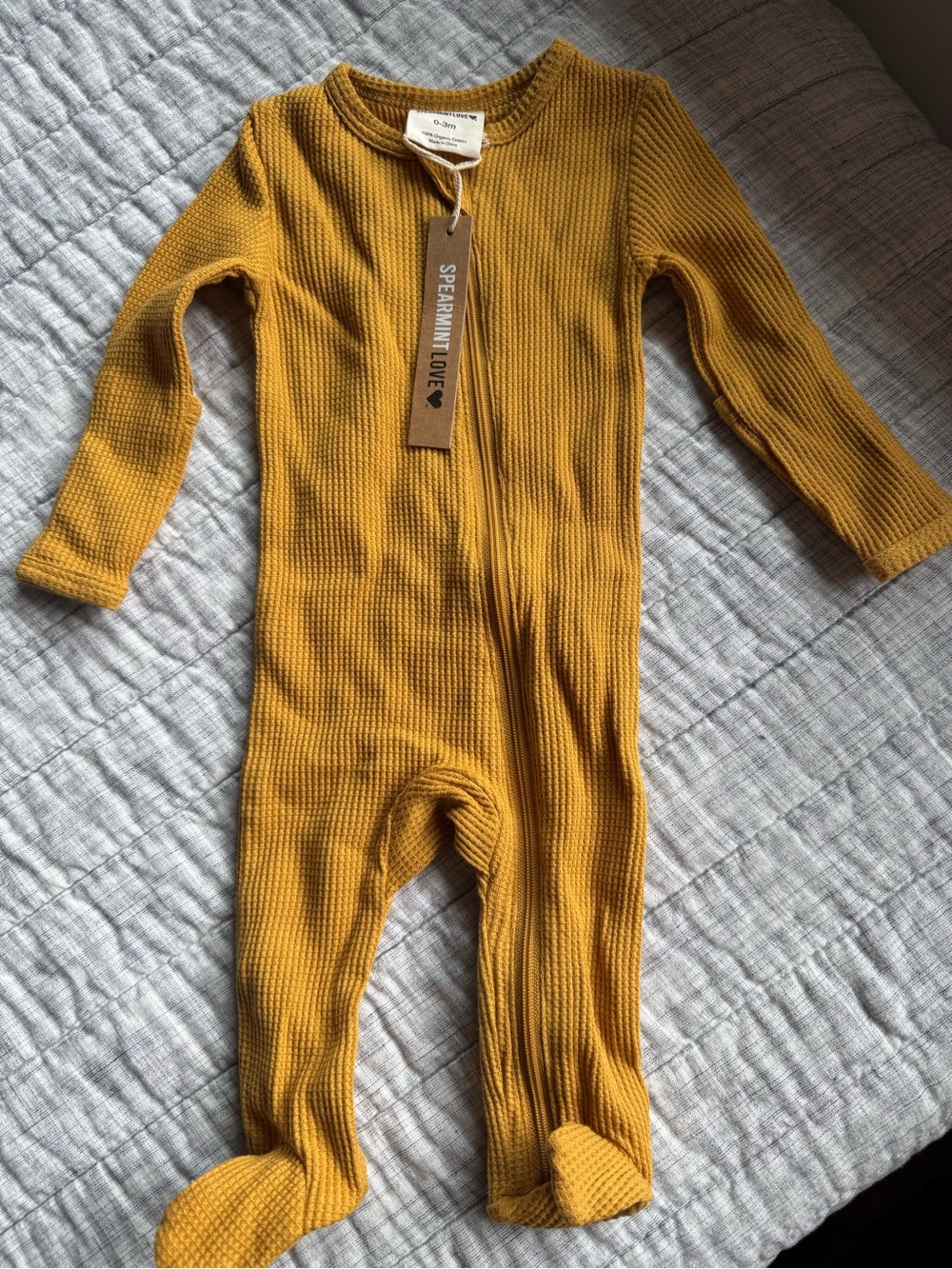 SpearmintLOVE Mustard Waffle-Knit Footed Pajamas for Kids
